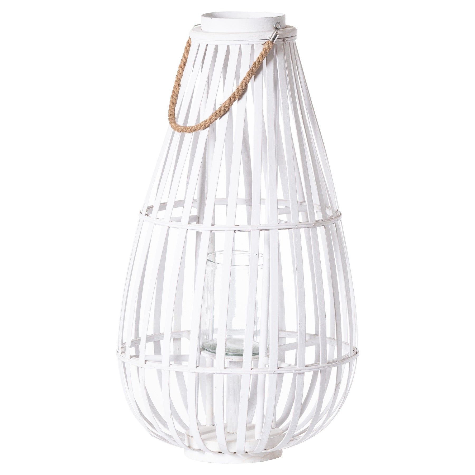 Large White Floor Standing Domed Wicker Lantern With Rope