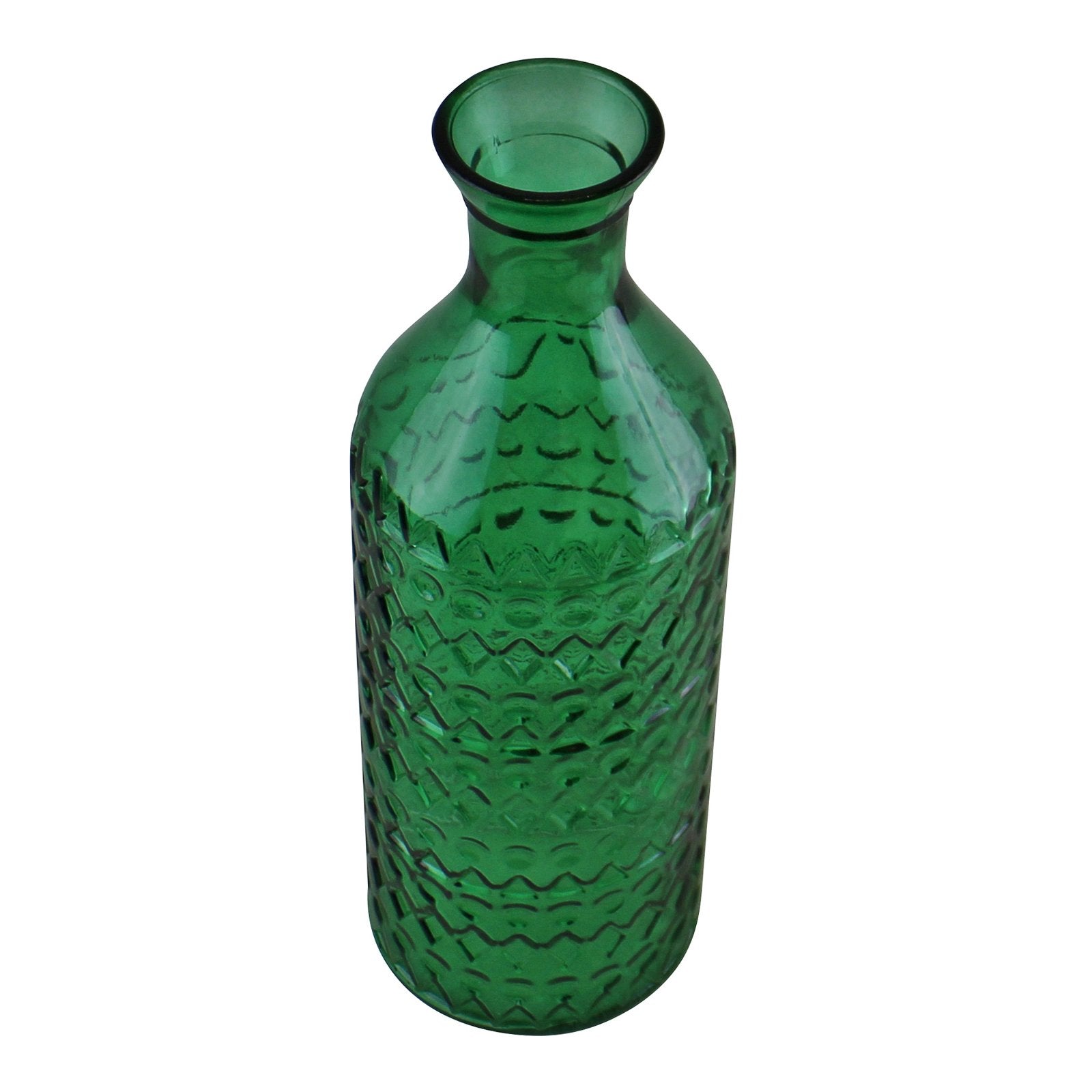Large Geometric Embossed Glass Bottle Style Vase, Dark Green