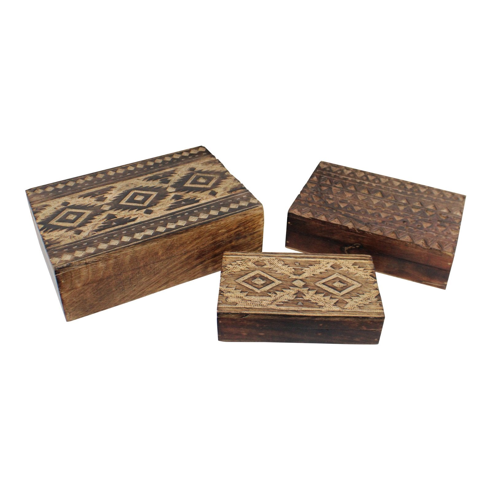 Set of 3 Hand Carved Kasbah Wooden Rectangular Boxes