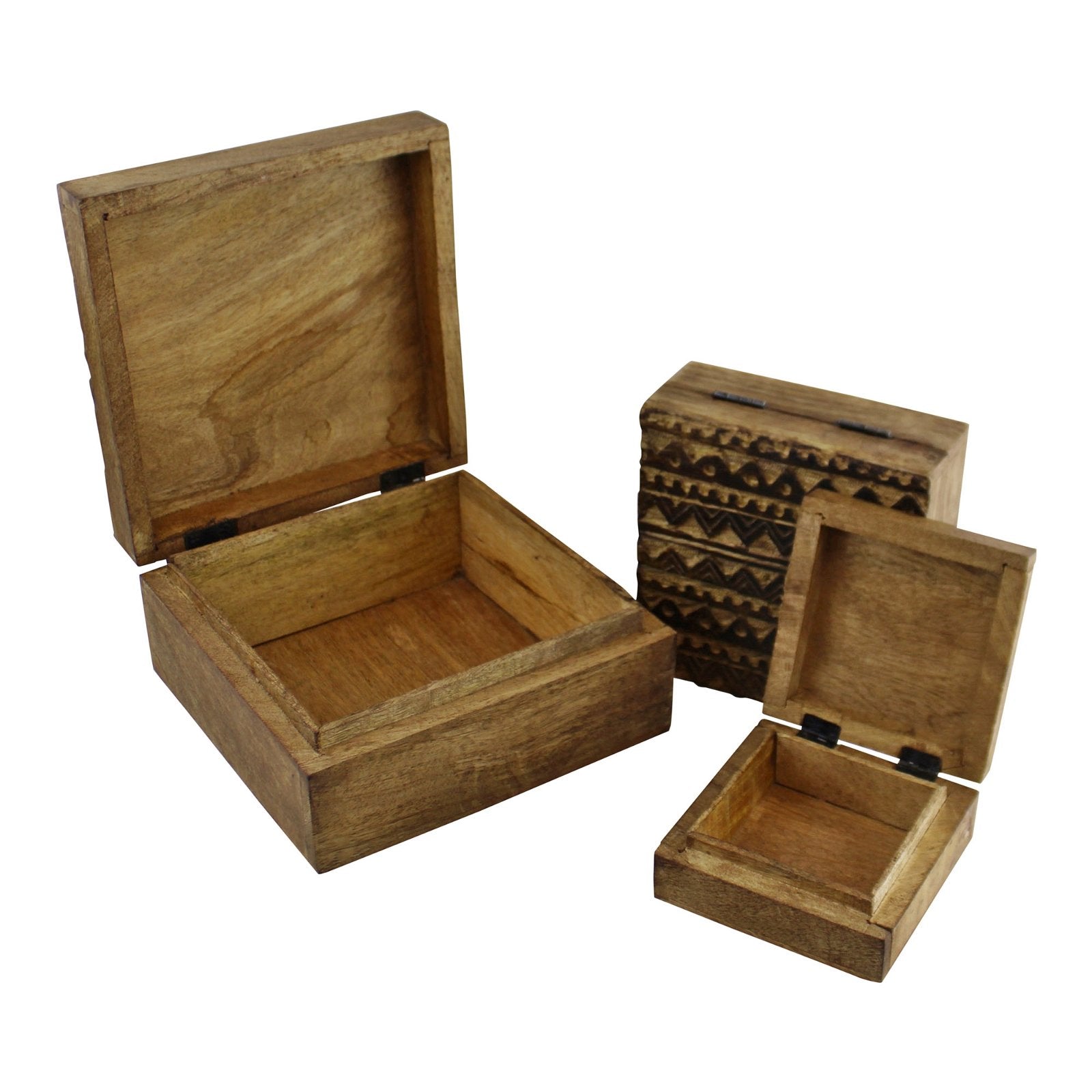 Set of 3 Hand Carved Kasbah Wooden Square Boxes