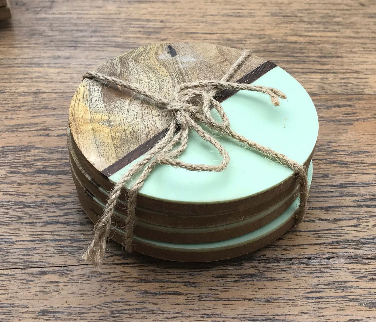 Set Of 4 Round Two Toned Wooden Coasters - Green