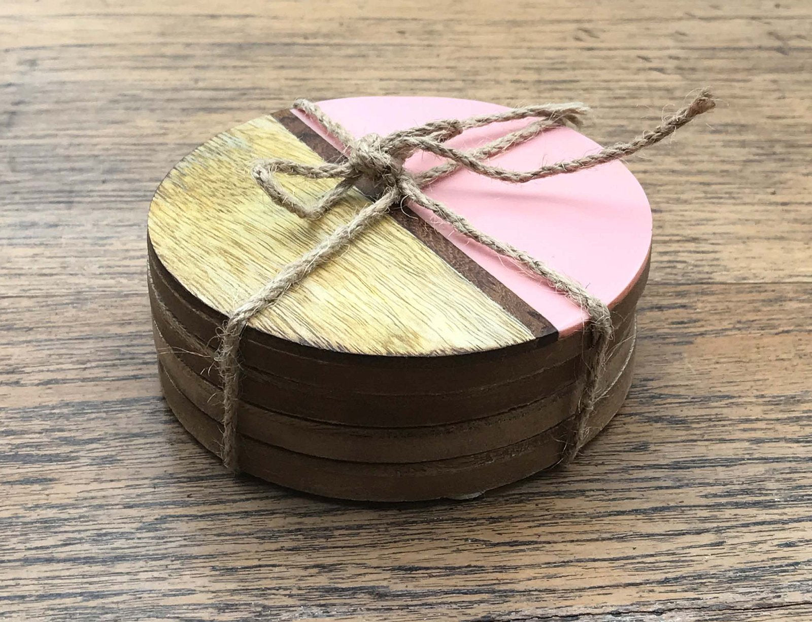 Set Of 4 Round Two Toned Wooden Coasters - Pink