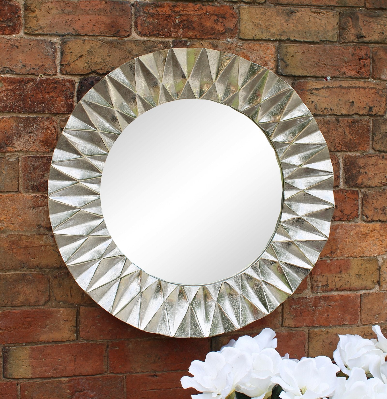 Silver Metal Circular Mirror With Geometric Design 60cm