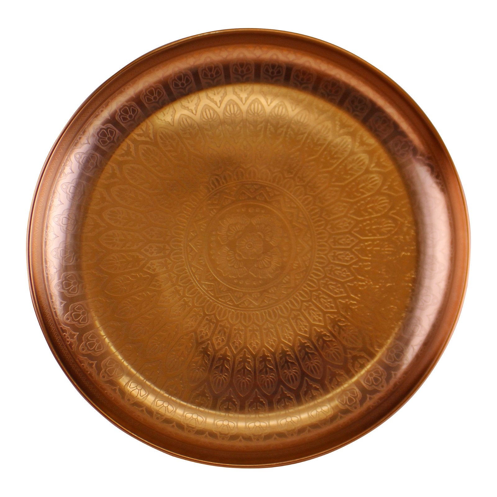 Large Decorative Copper Metal Tray With Etched Design, 42cm