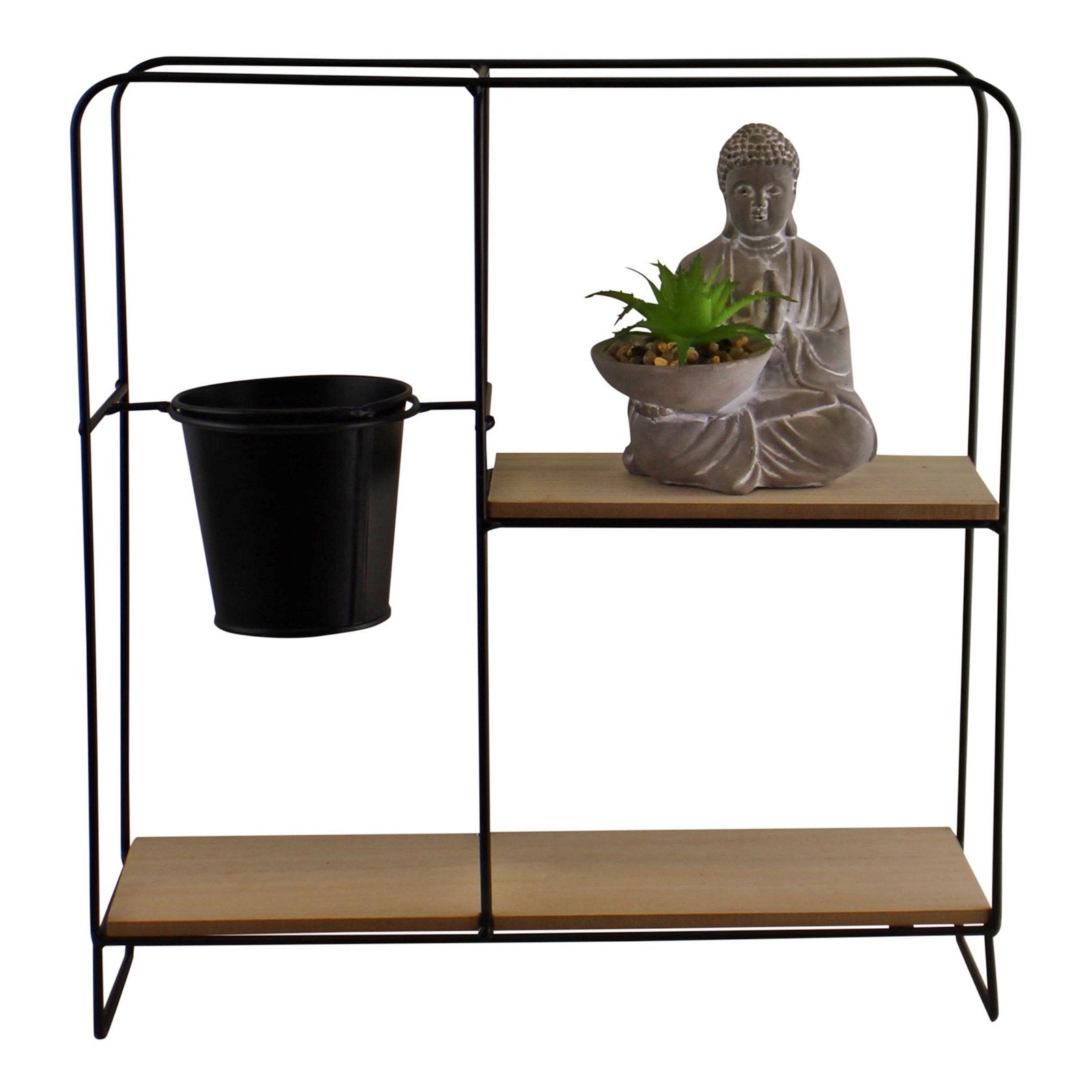Freestanding Black Metal Shelf Unit With Pot & Buddha Statue, Square
