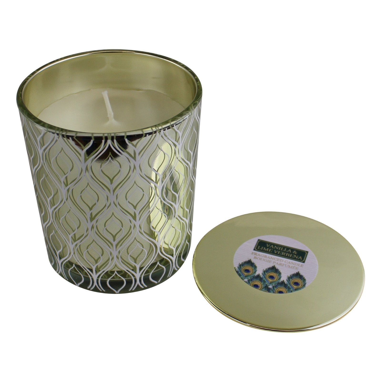 Large Peacock Glass Candlepot With Lid, Vanilla & Lime Verbena