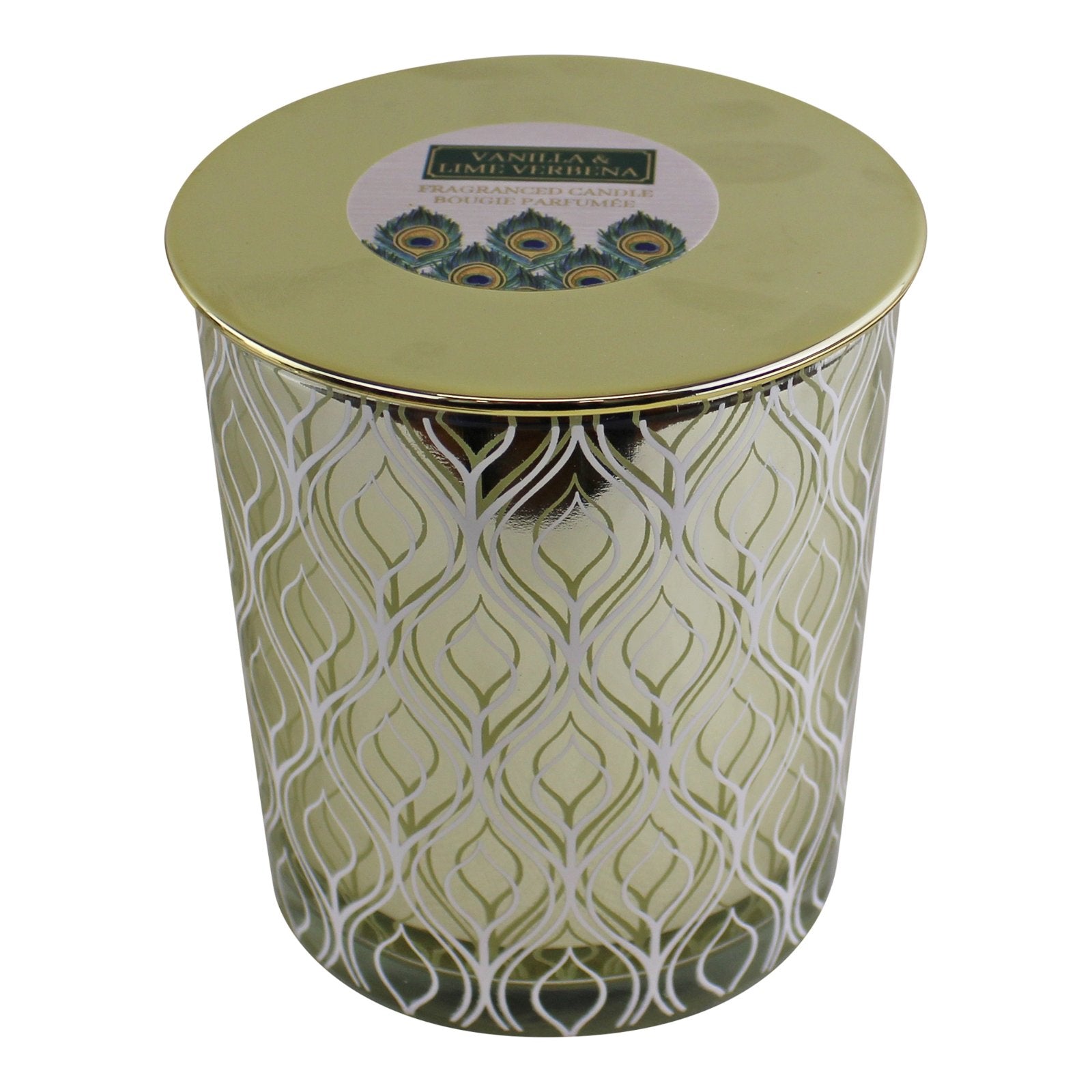 Large Peacock Glass Candlepot With Lid, Vanilla & Lime Verbena