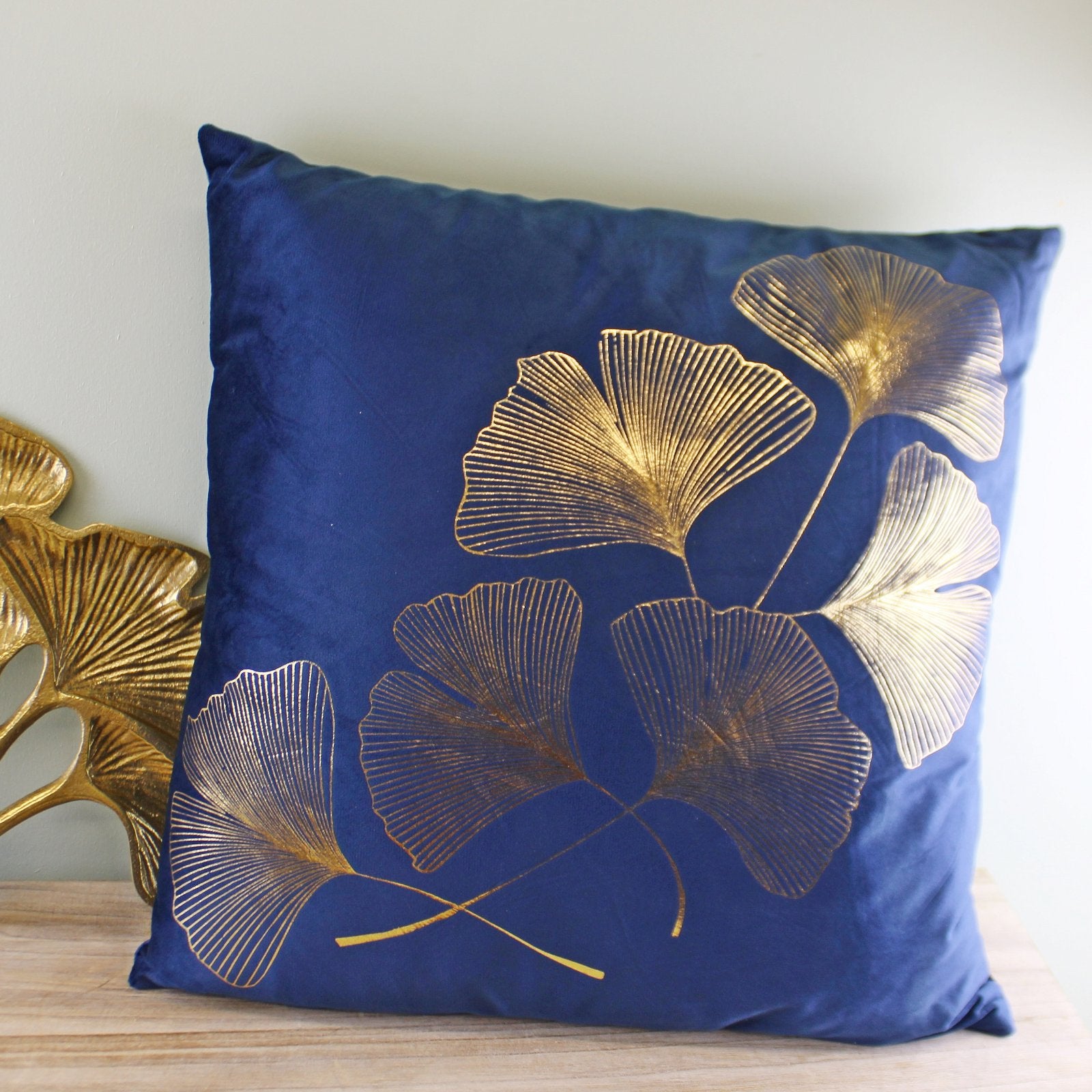 Scatter Cushion With Gold Lotus Leaf Design In Blue