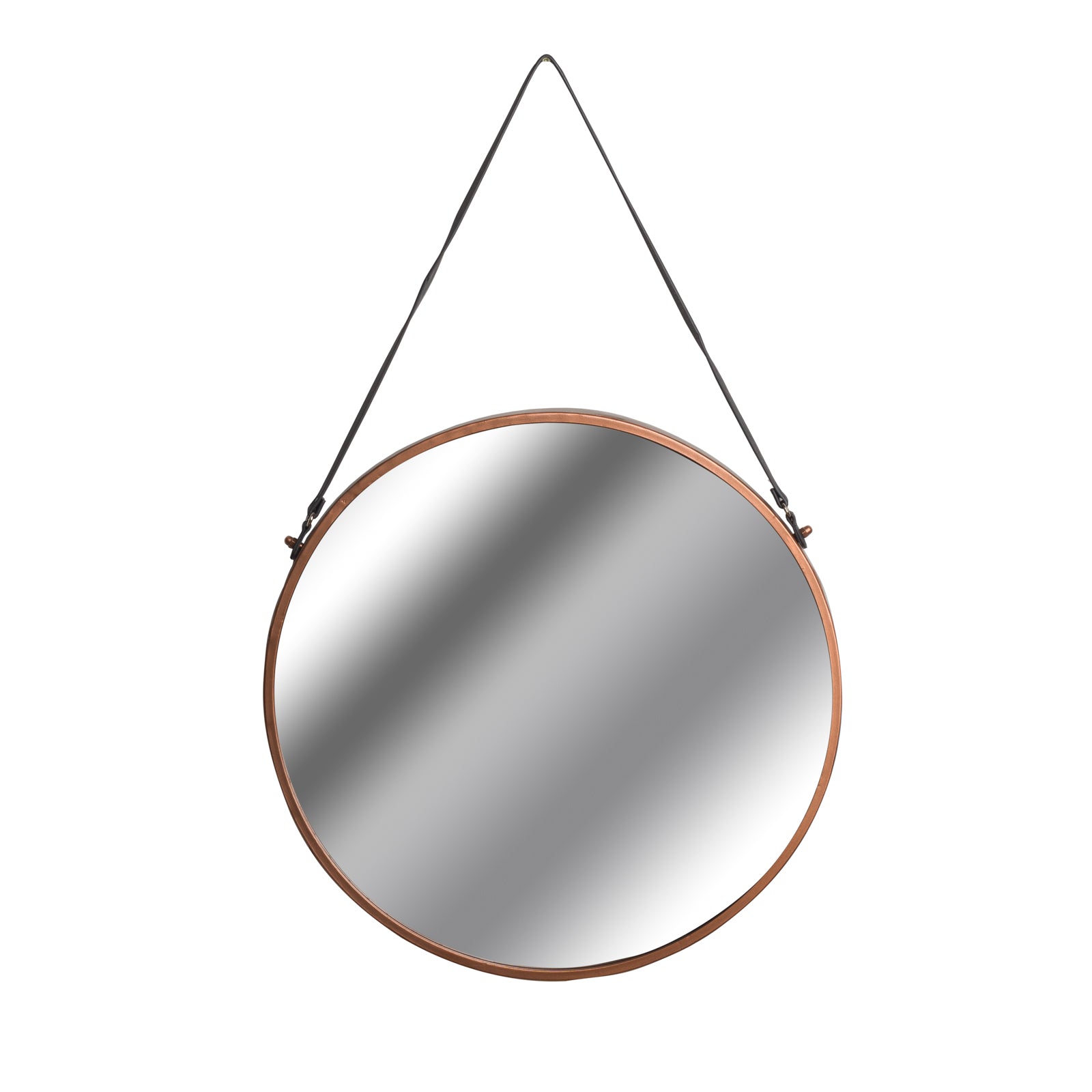 Copper Rimmed Round Hanging Wall Mirror With Black Strap