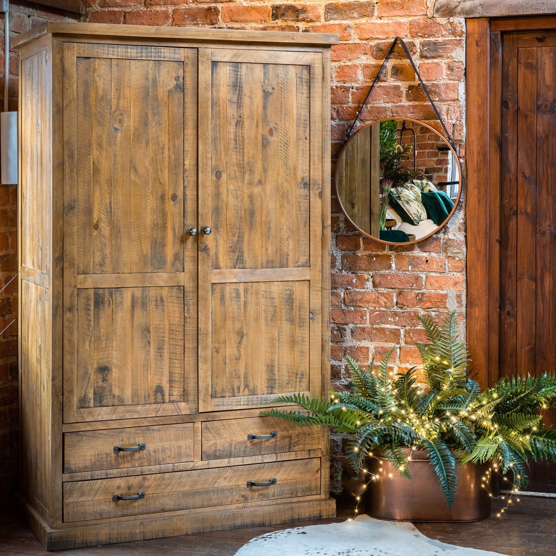 Copper Rimmed Round Hanging Wall Mirror With Black Strap