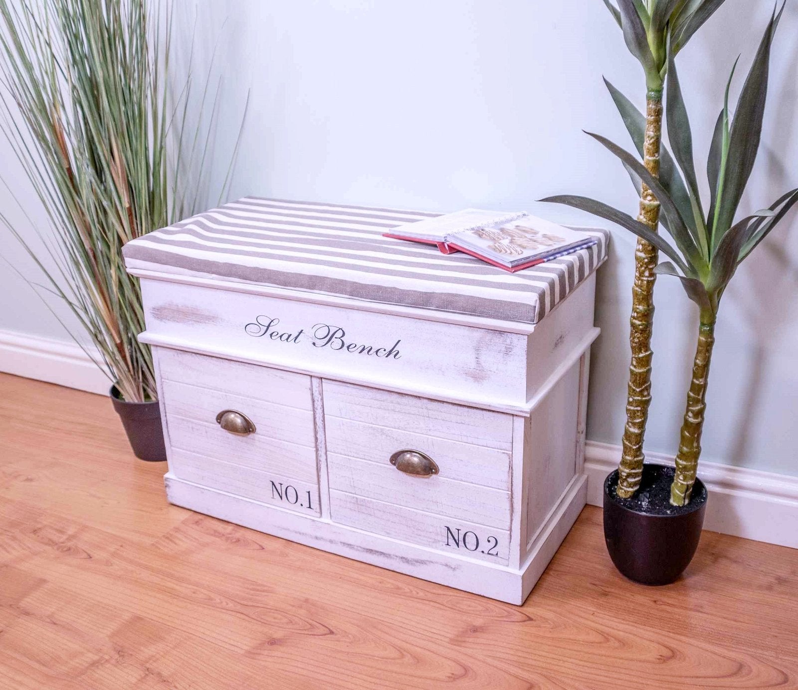 White Wood Seat Bench 2 Drawers 70 x 35 x 50cm