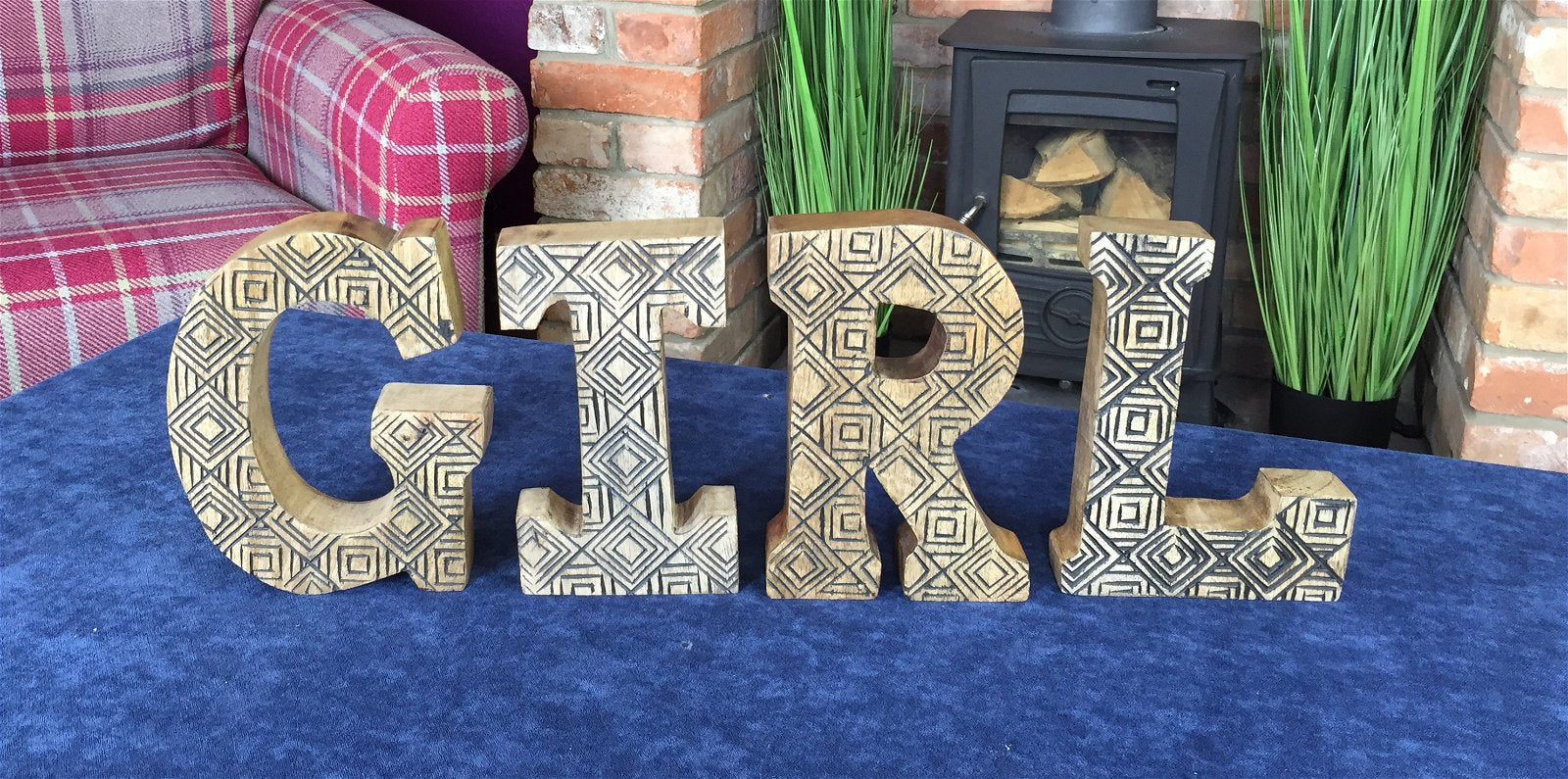 Hand Carved Wooden Geometric Letters Girl