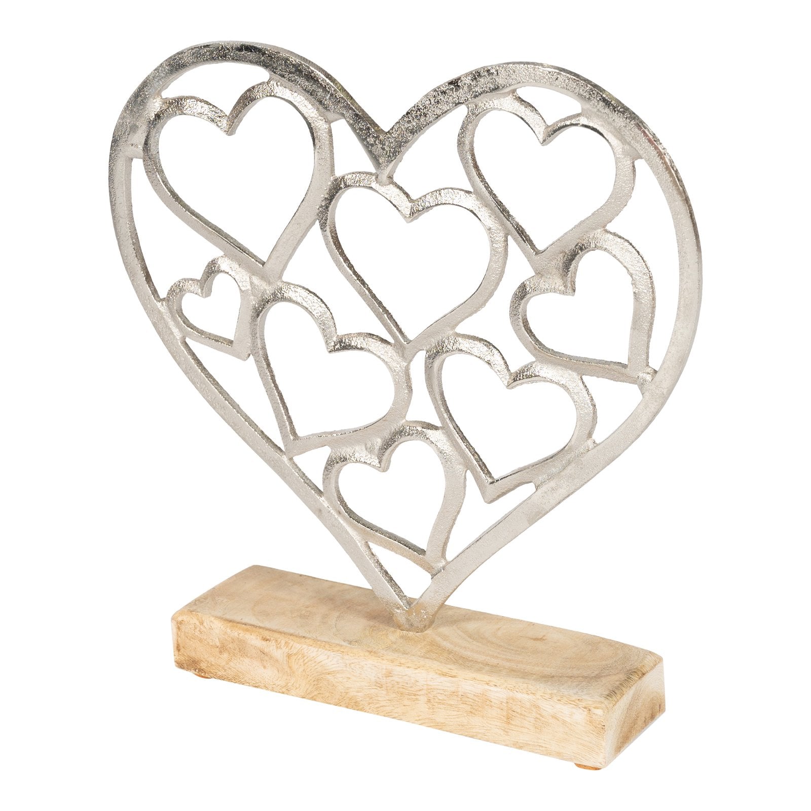 Metal Silver Hearts On A Wooden Base Small