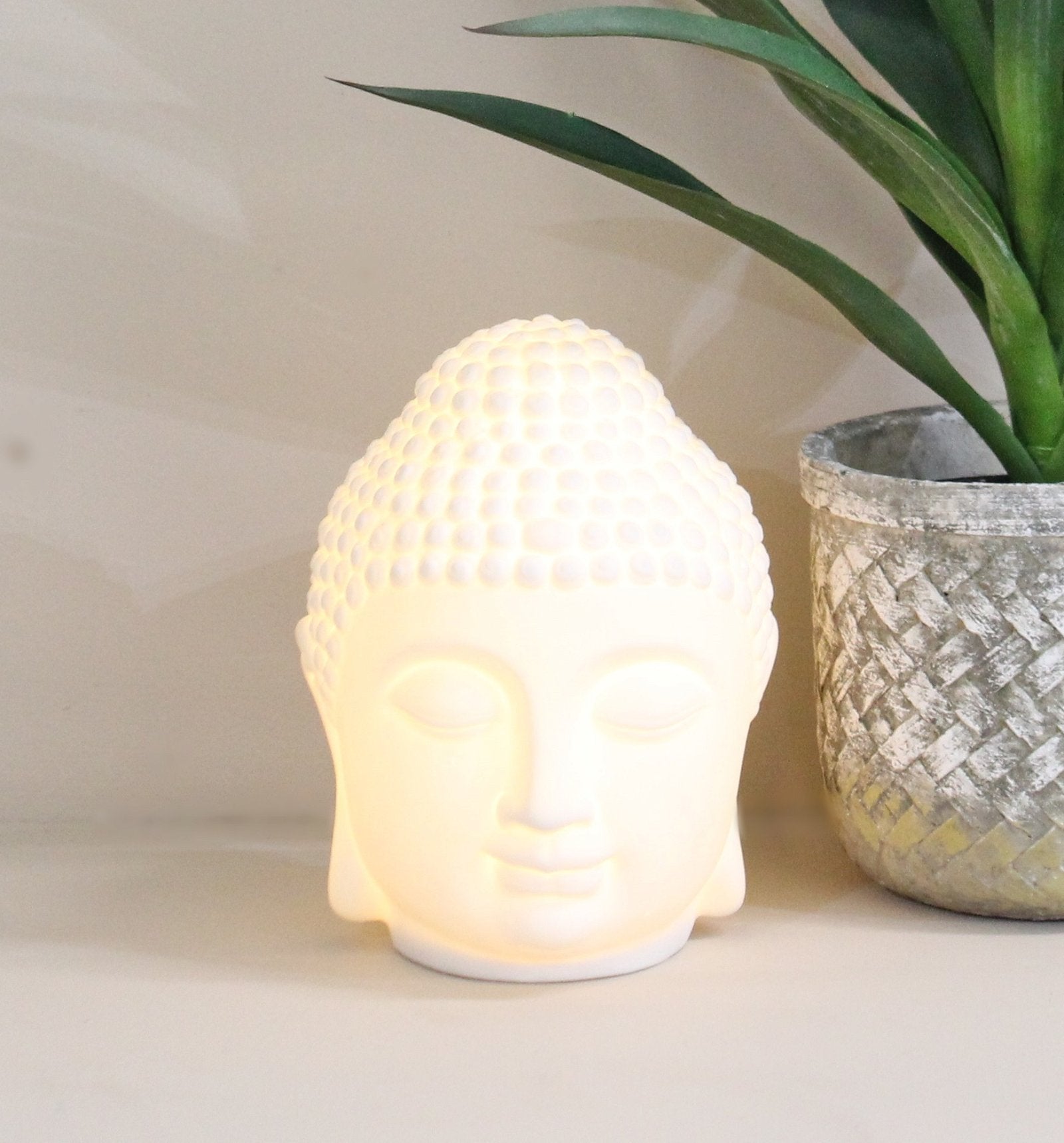 Battery Operated LED Lamp, White Buddha Head, 20cm.