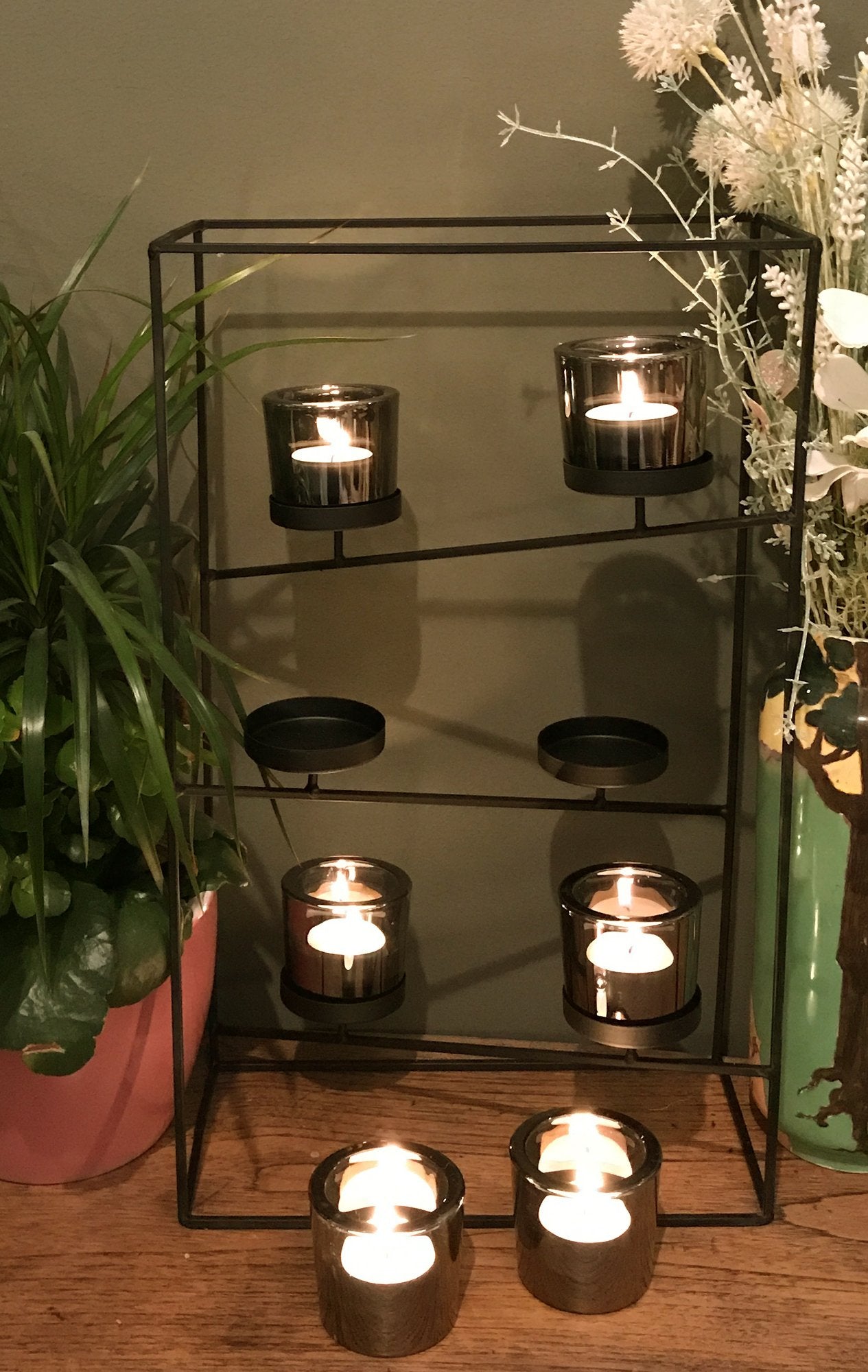 Black Wire Tiered Six Candle Holder With Glass Holders