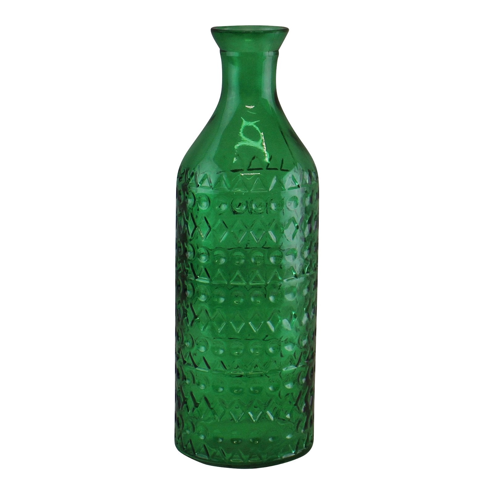 Large Geometric Embossed Glass Bottle Style Vase, Dark Green