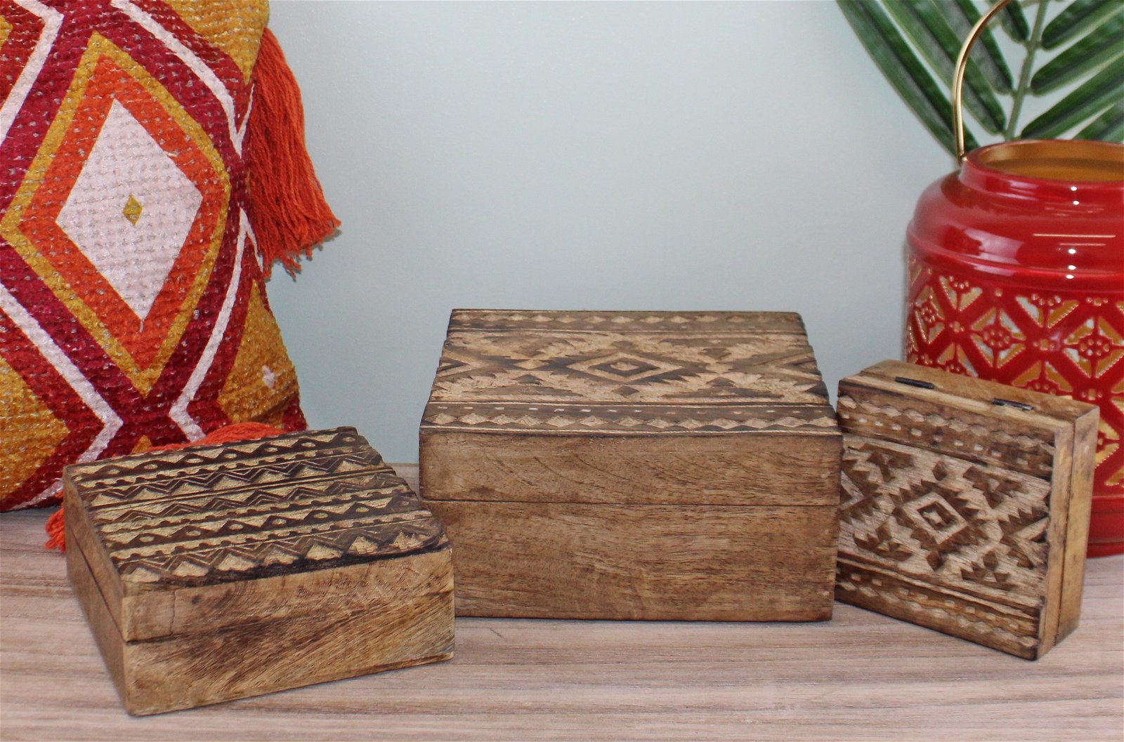 Set of 3 Hand Carved Kasbah Wooden Rectangular Boxes