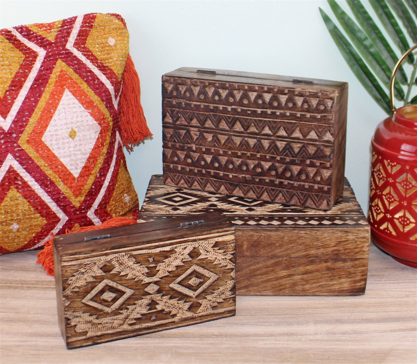 Set of 3 Hand Carved Kasbah Wooden Square Boxes