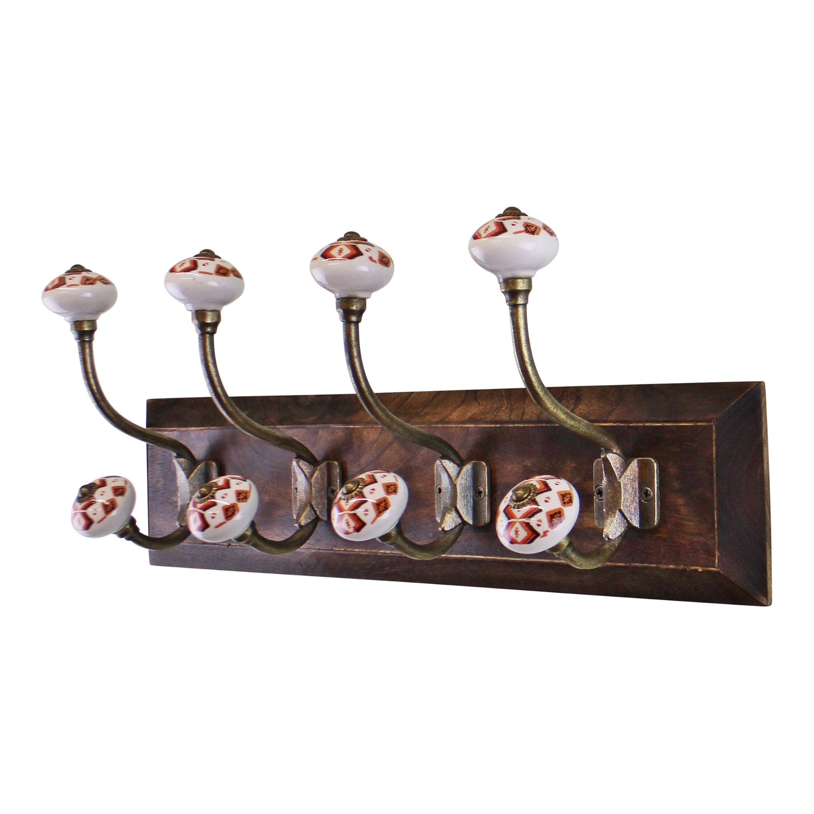 4 Double Coat Hooks, Kasbah Design on Wooden Base