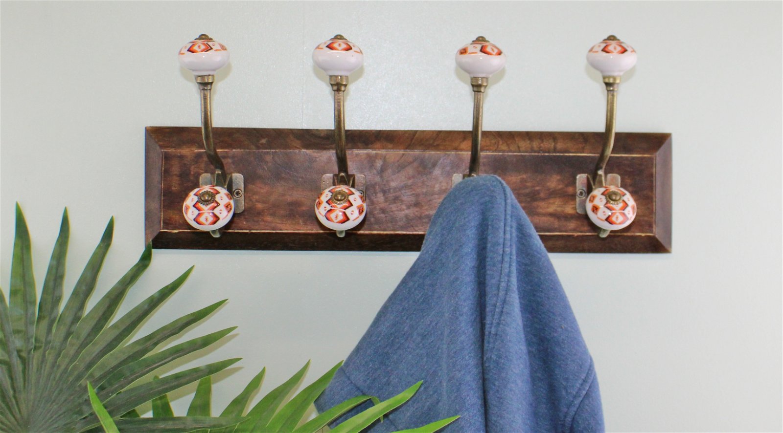 4 Double Coat Hooks, Kasbah Design on Wooden Base