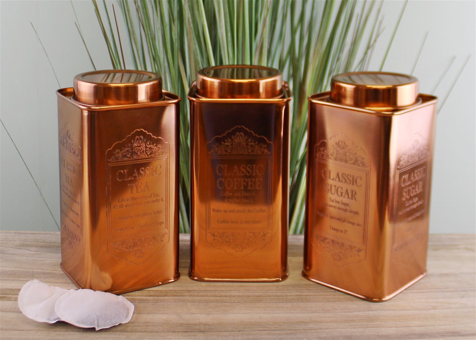Large Metal Copper Coloured Tea, Coffee & Sugar Storage Tins