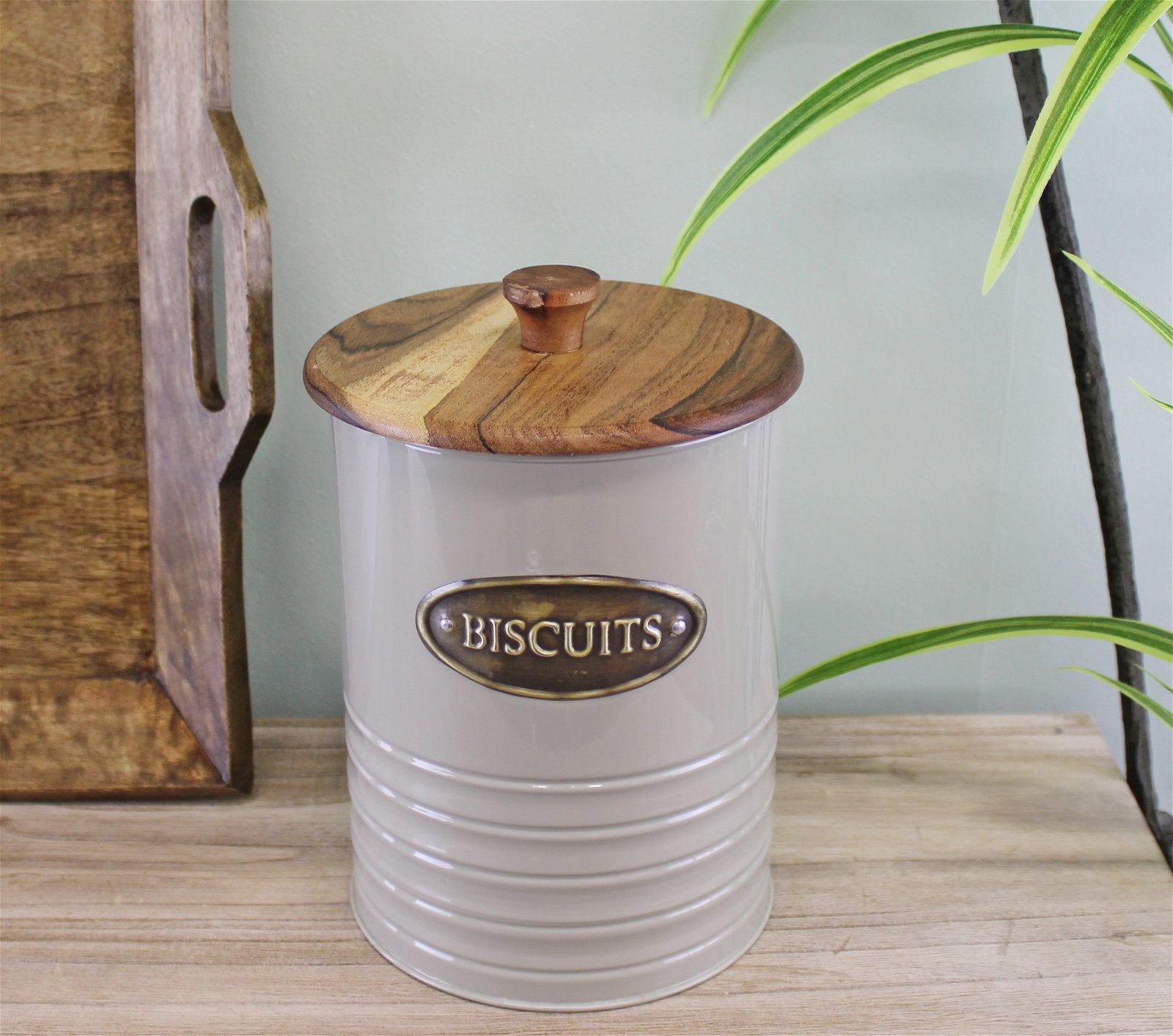 Metal and Acacia Wood Biscuit Tin, 19x15cm