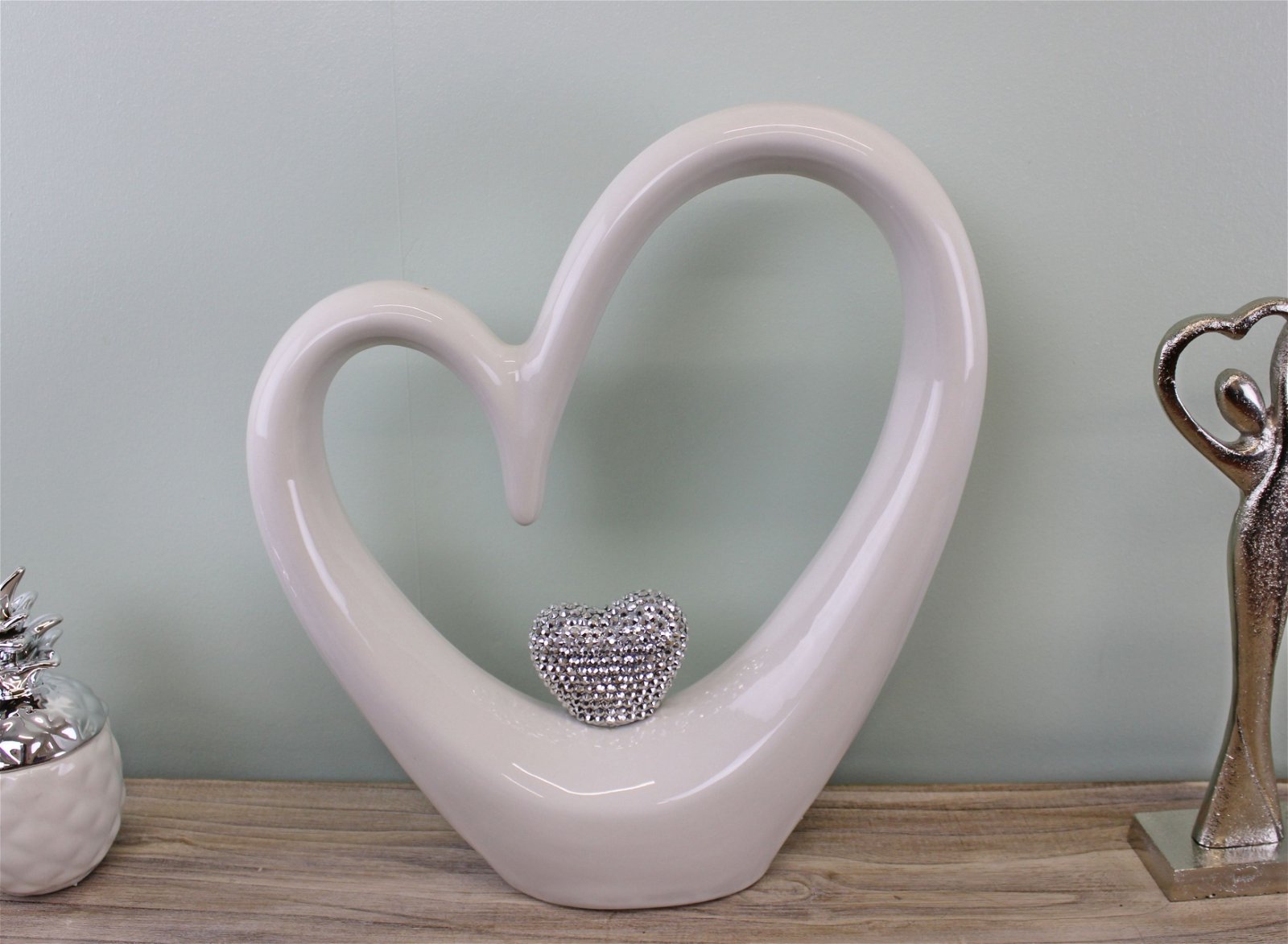 Large White Ceramic Heart With Diamante Ornament
