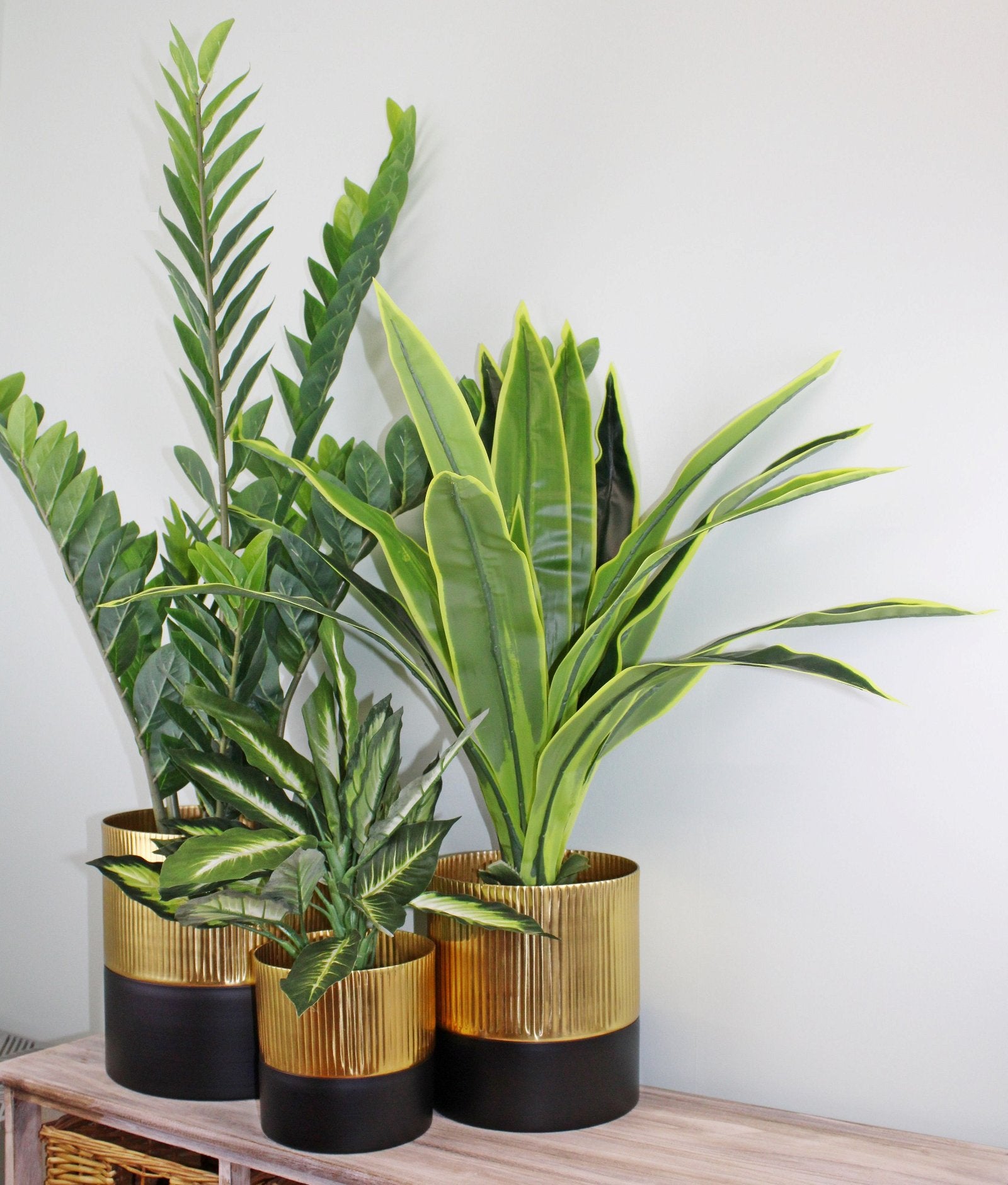 Gold and Black Set Of Three Ribbed Metal Planters