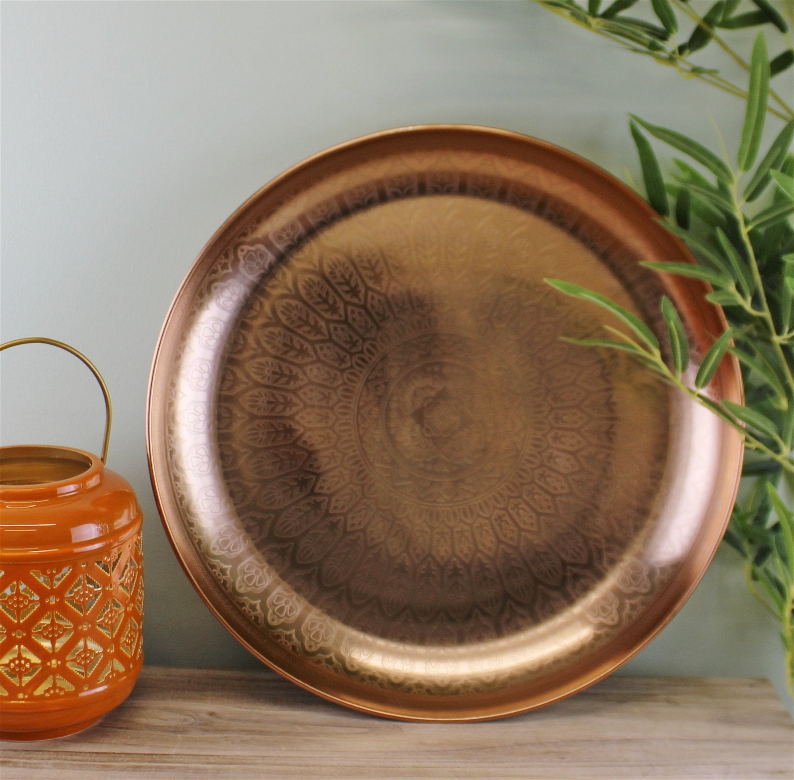 Large Decorative Copper Metal Tray With Etched Design, 42cm