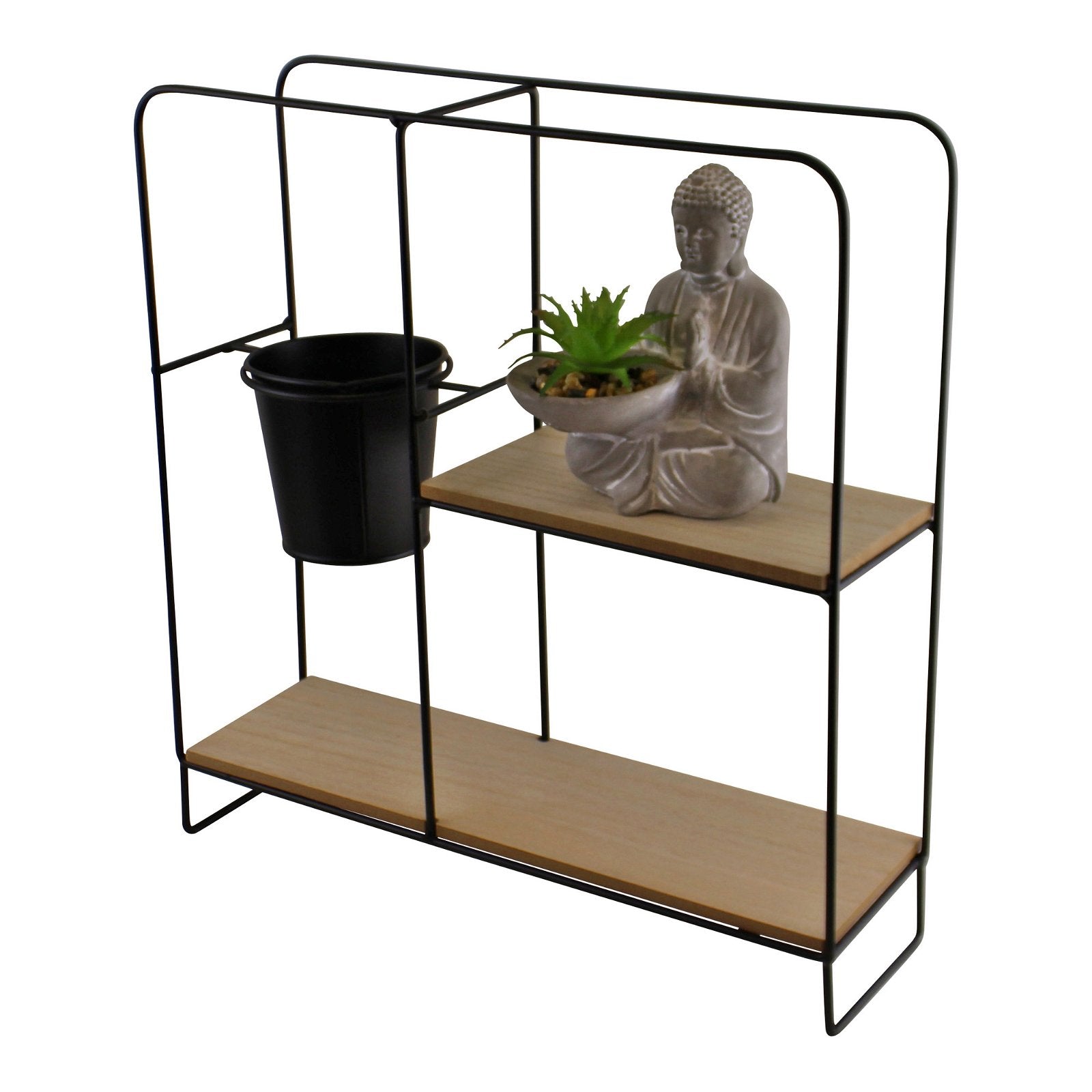 Freestanding Black Metal Shelf Unit With Pot & Buddha Statue, Square