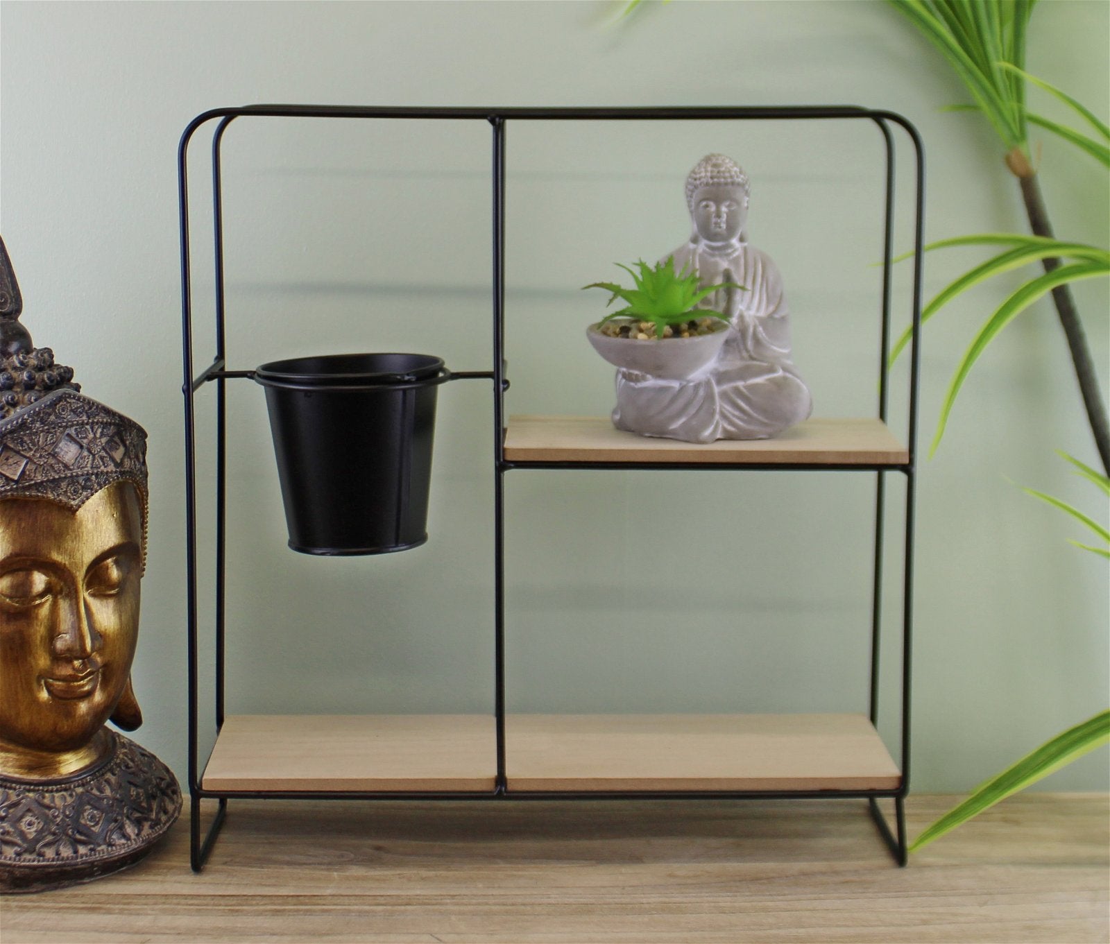 Freestanding Black Metal Shelf Unit With Pot & Buddha Statue, Square