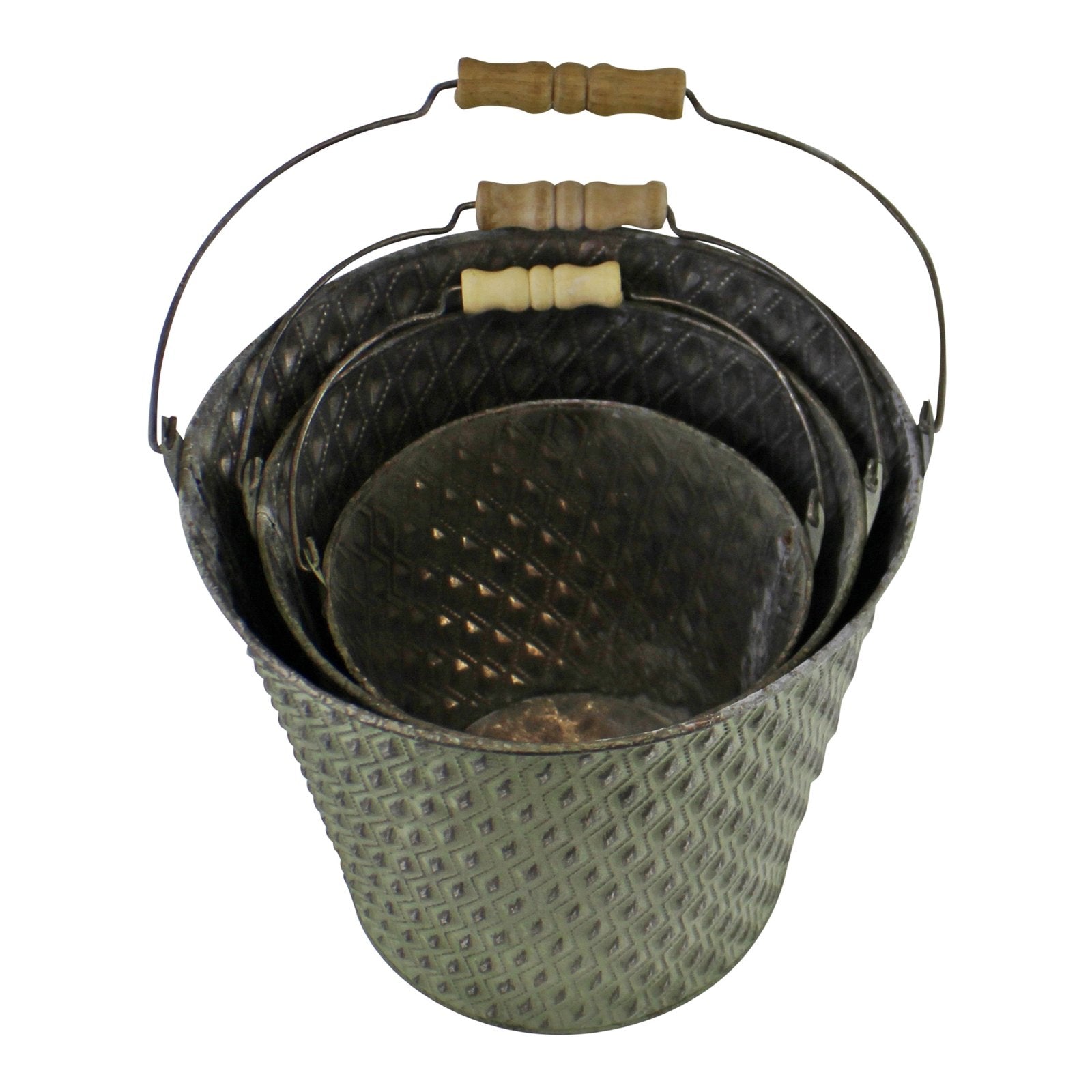 Set Of 3 Bucket Style Zinc Planters In Green