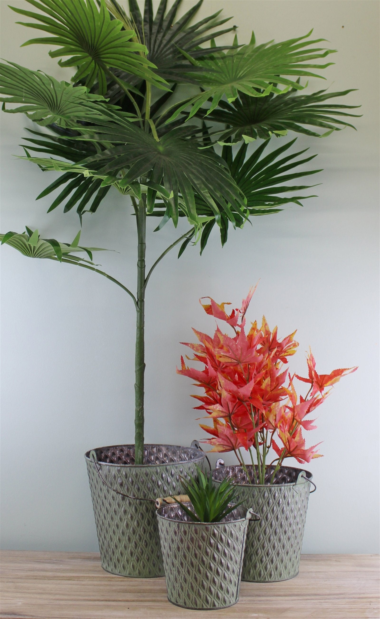 Set Of 3 Bucket Style Zinc Planters In Green