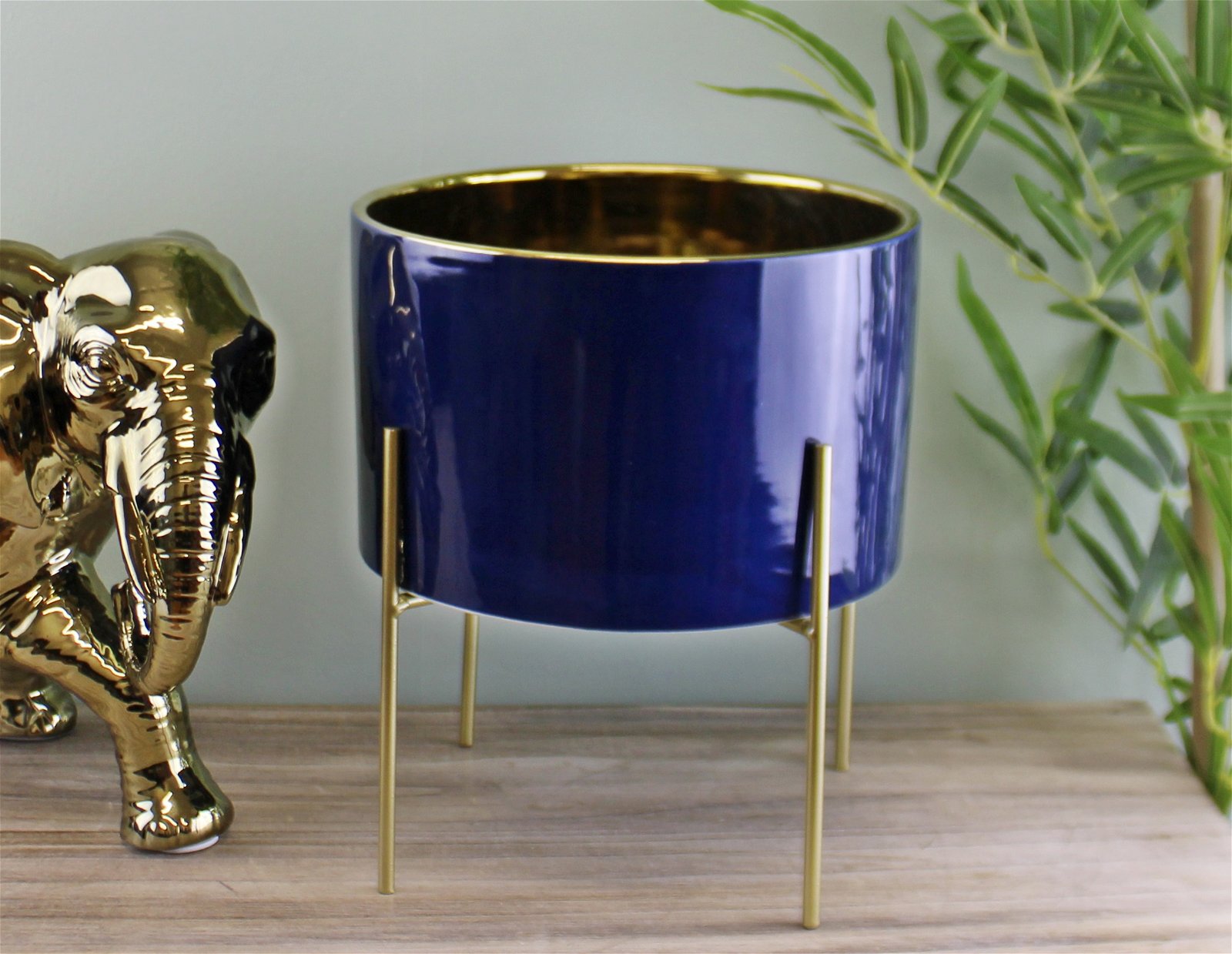Large Ceramic Gold Lined Planter With Stand, Navy Blue