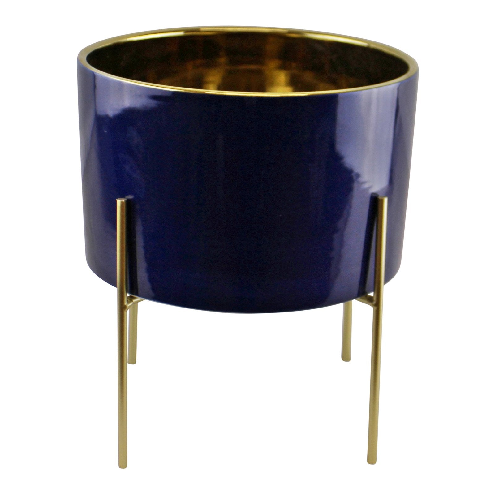 Large Ceramic Gold Lined Planter With Stand, Navy Blue
