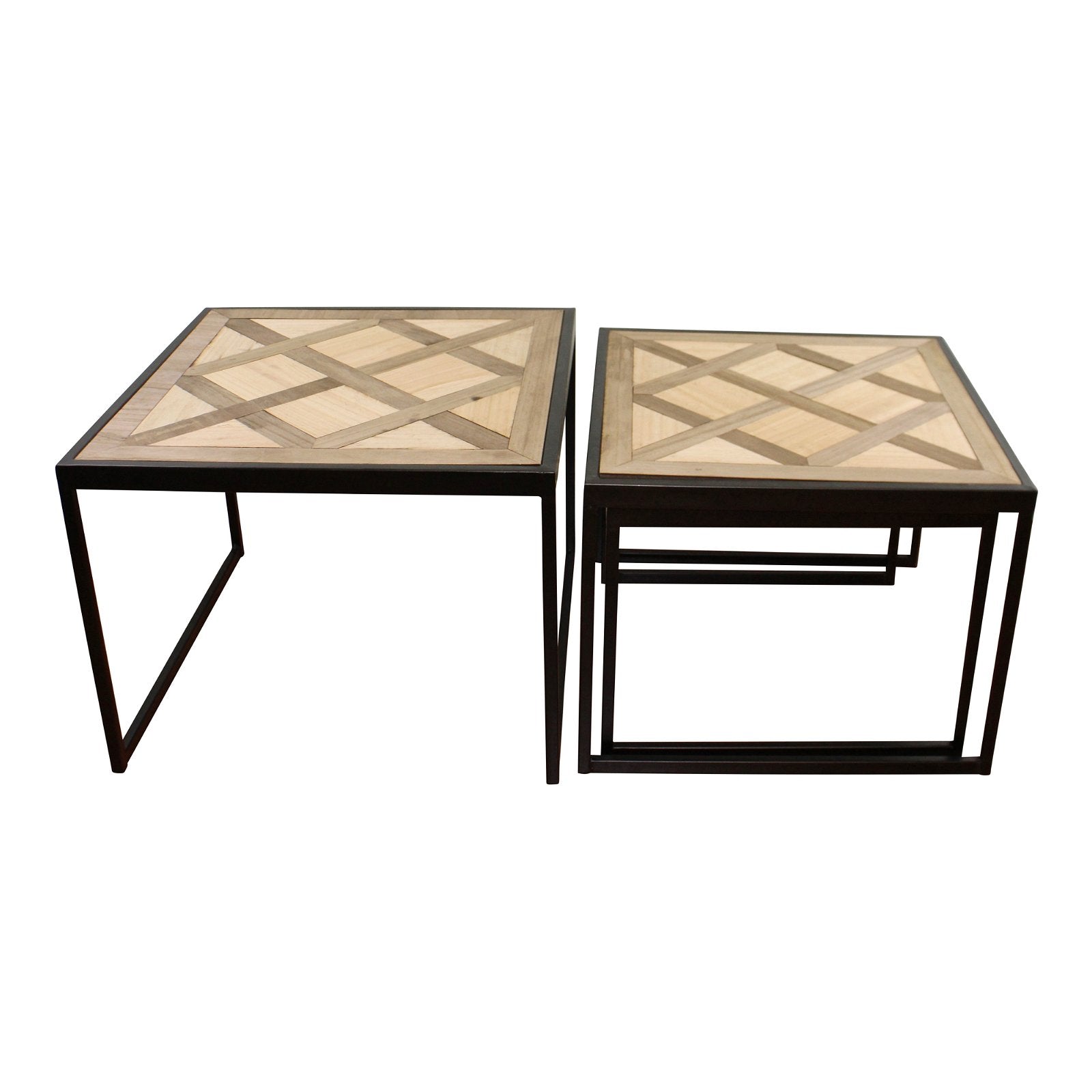 Set Of 3 Square Black Metal Side Tables With Wooden Geometric Tops