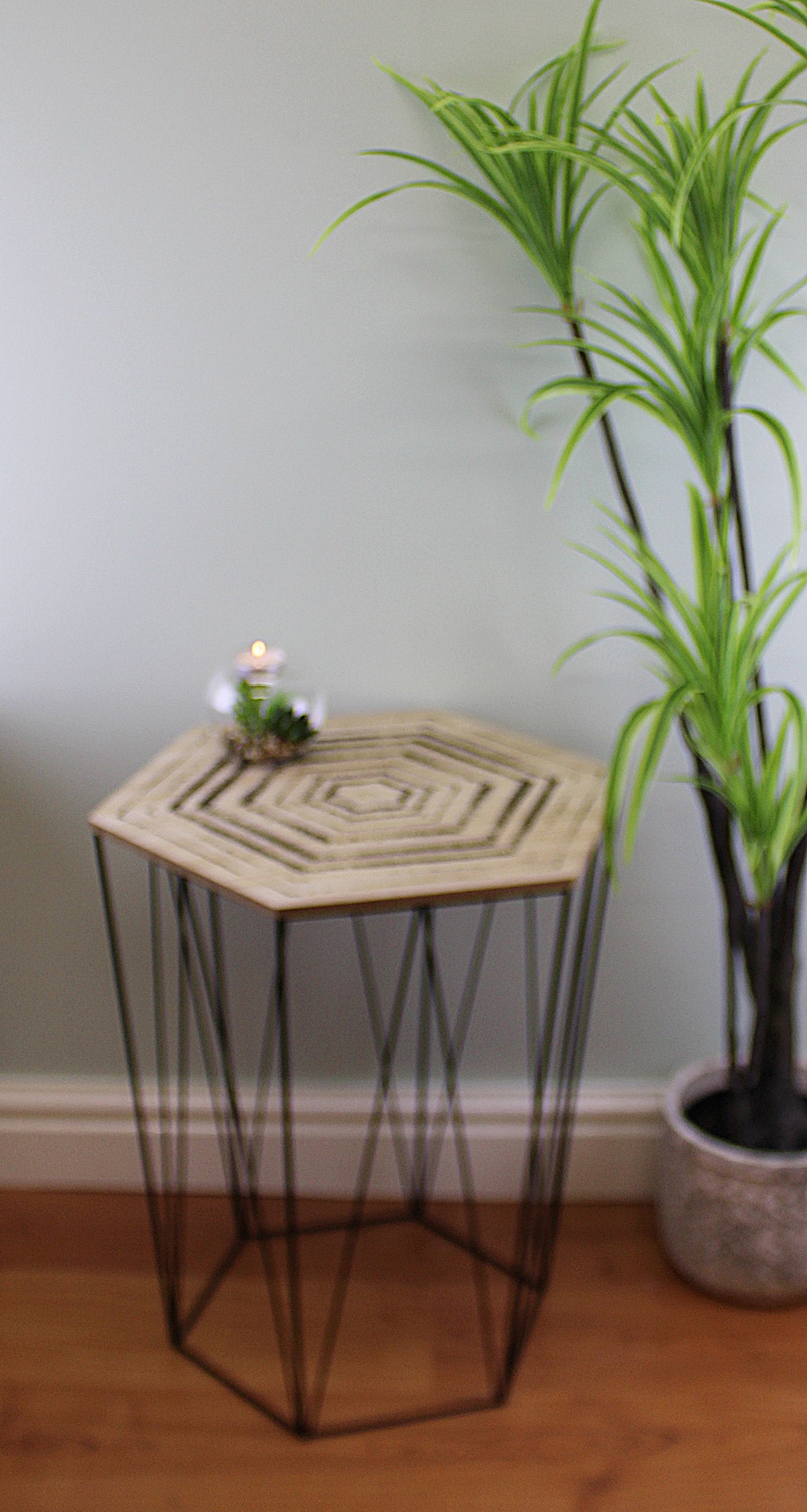 Hexagonal Side Table With Wire Base & Patterned Top