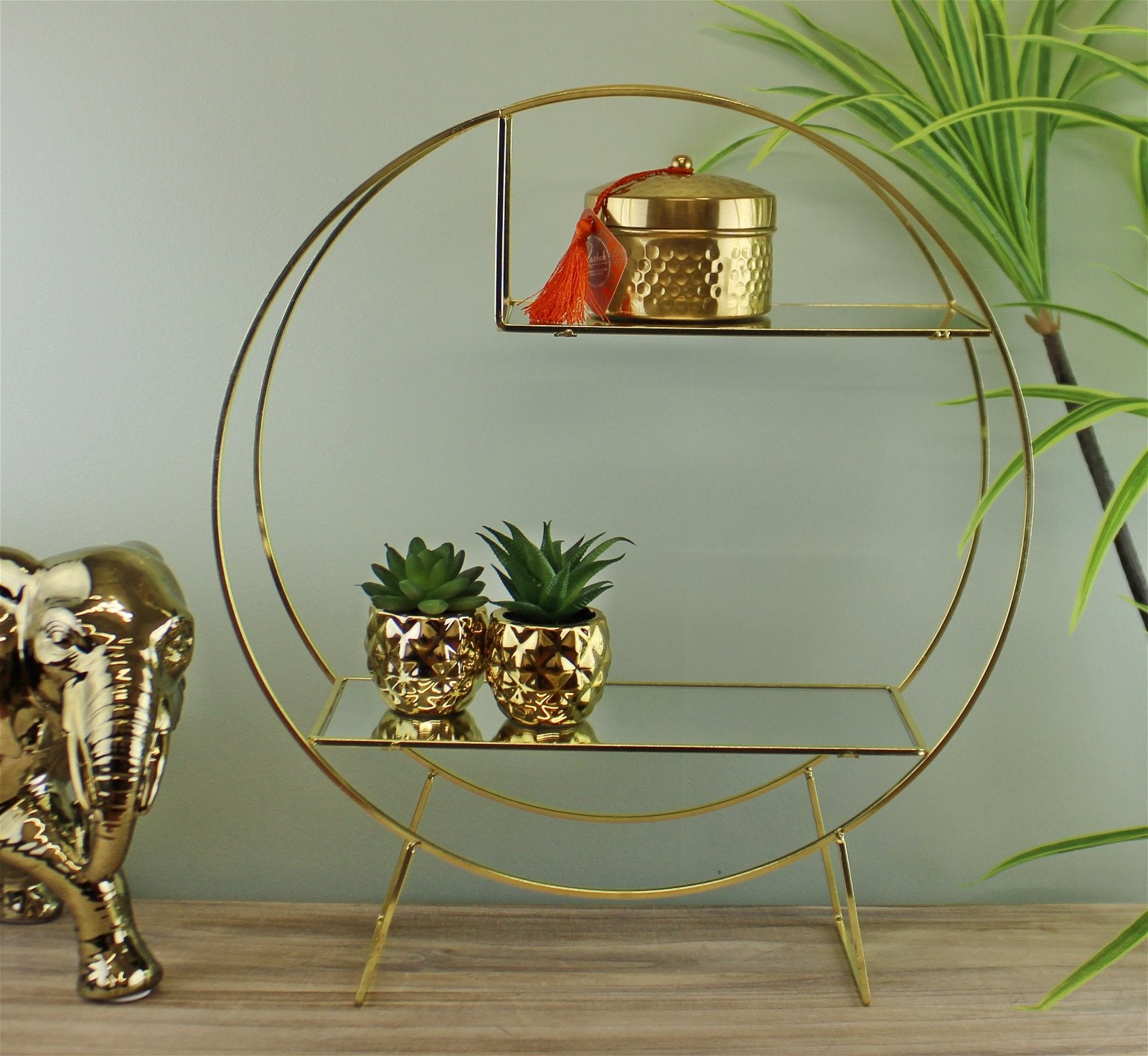 Gold Metal Freestanding Shelving Unit With Mirrored Shelves