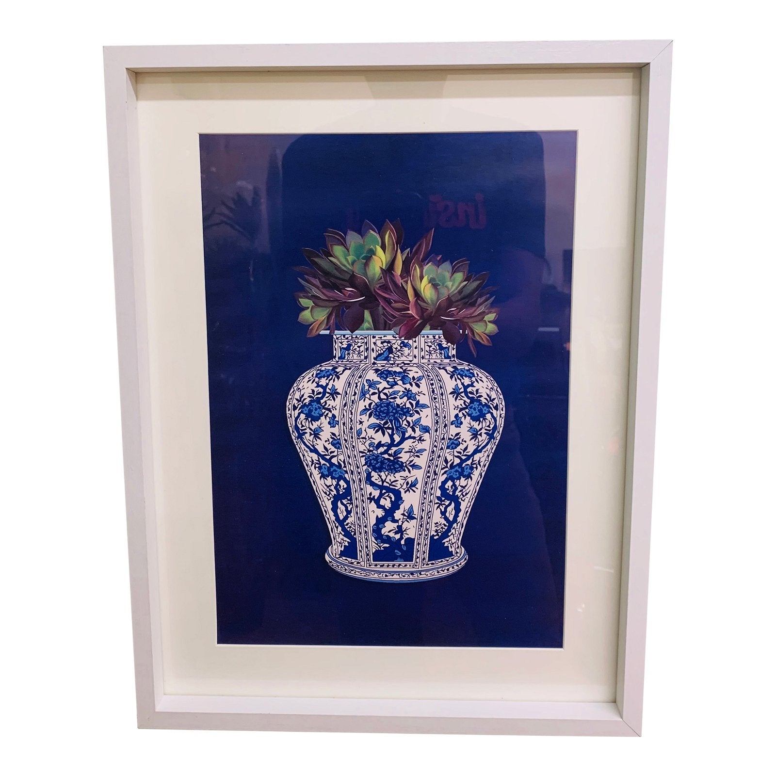 Set of 3 White Prints with Succulents In A Blue Vase 40cm