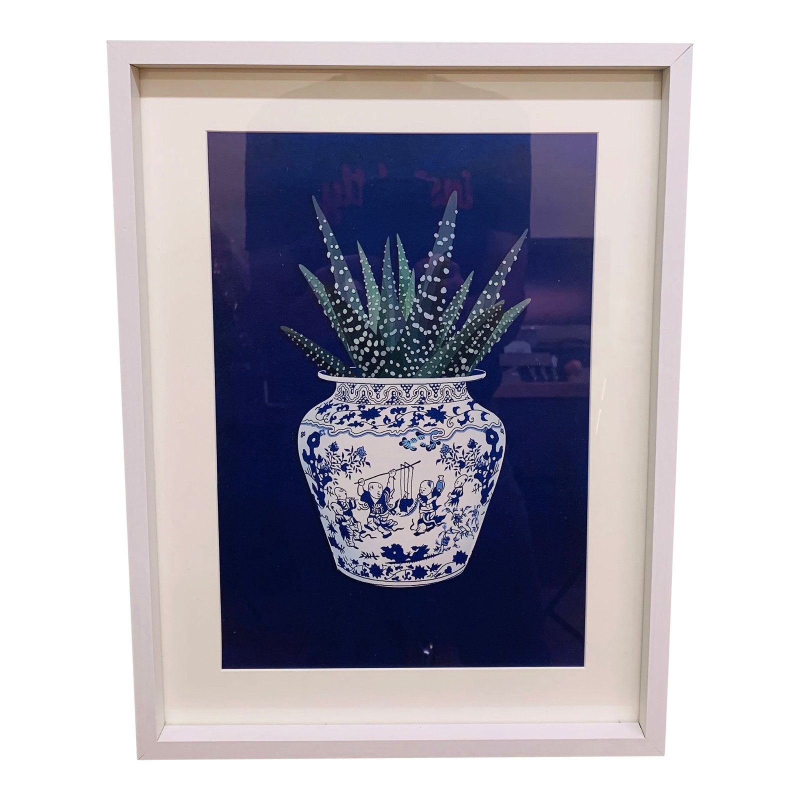 Set of 3 White Prints with Succulents In A Blue Vase 40cm